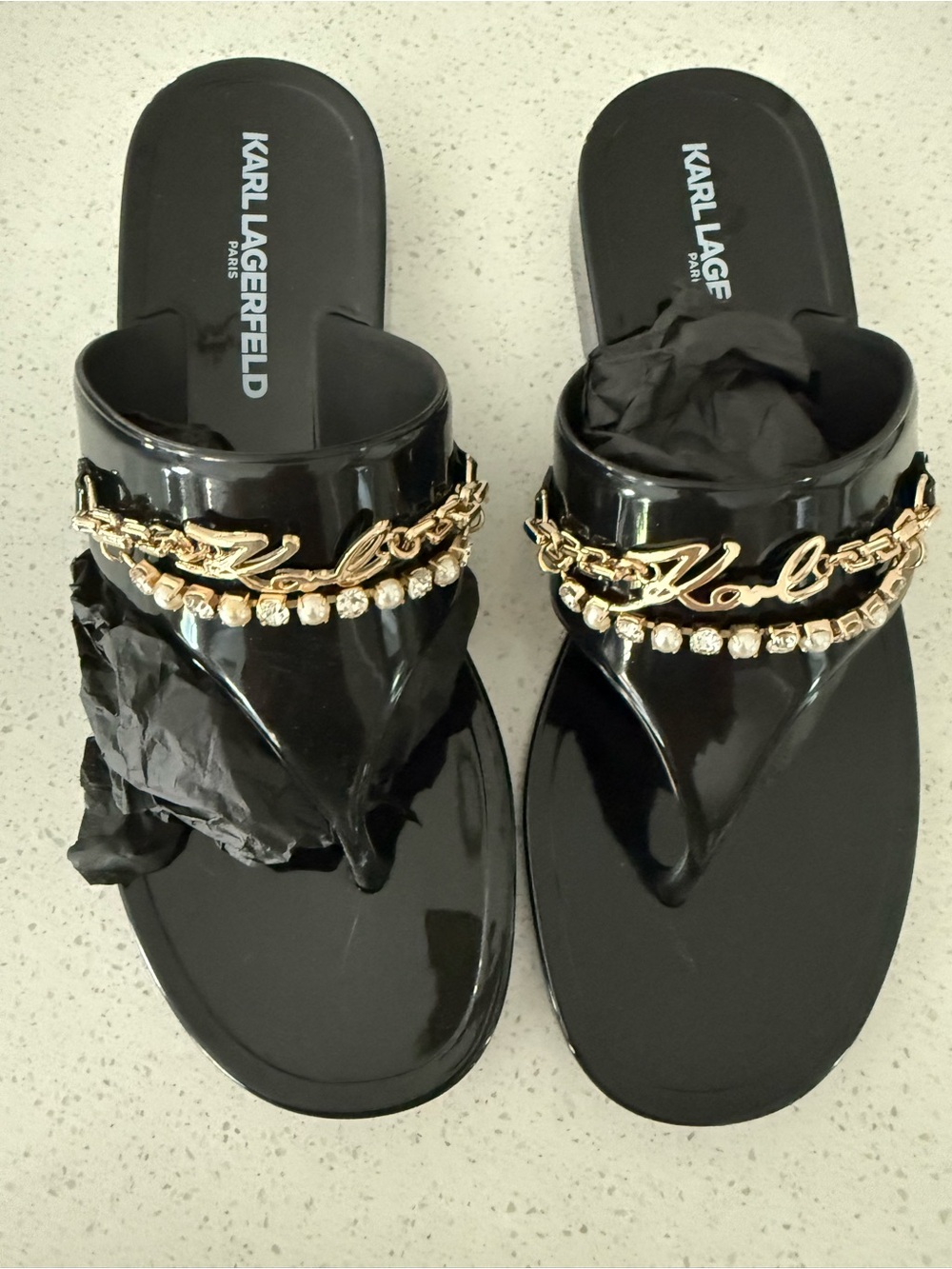 Karl Lagerfeld Black Gloss Jelly Sandals with Gold Chain & Crystal Trim